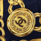 Chanel CC Logo Large Scarf Chain Motif Navy Silk — view 8