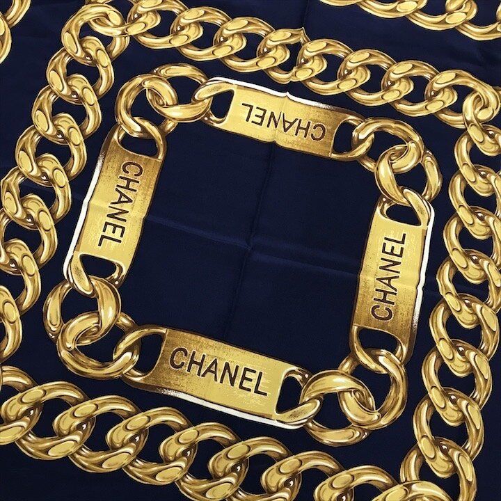 Chanel CC Logo Large Scarf Chain Motif Navy Silk — view 7