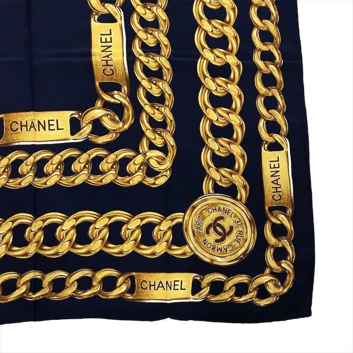 Chanel CC Logo Large Scarf Chain Motif Navy Silk — view 5