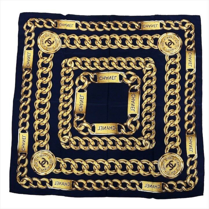 Chanel CC Logo Large Scarf Chain Motif Navy Silk — view 2