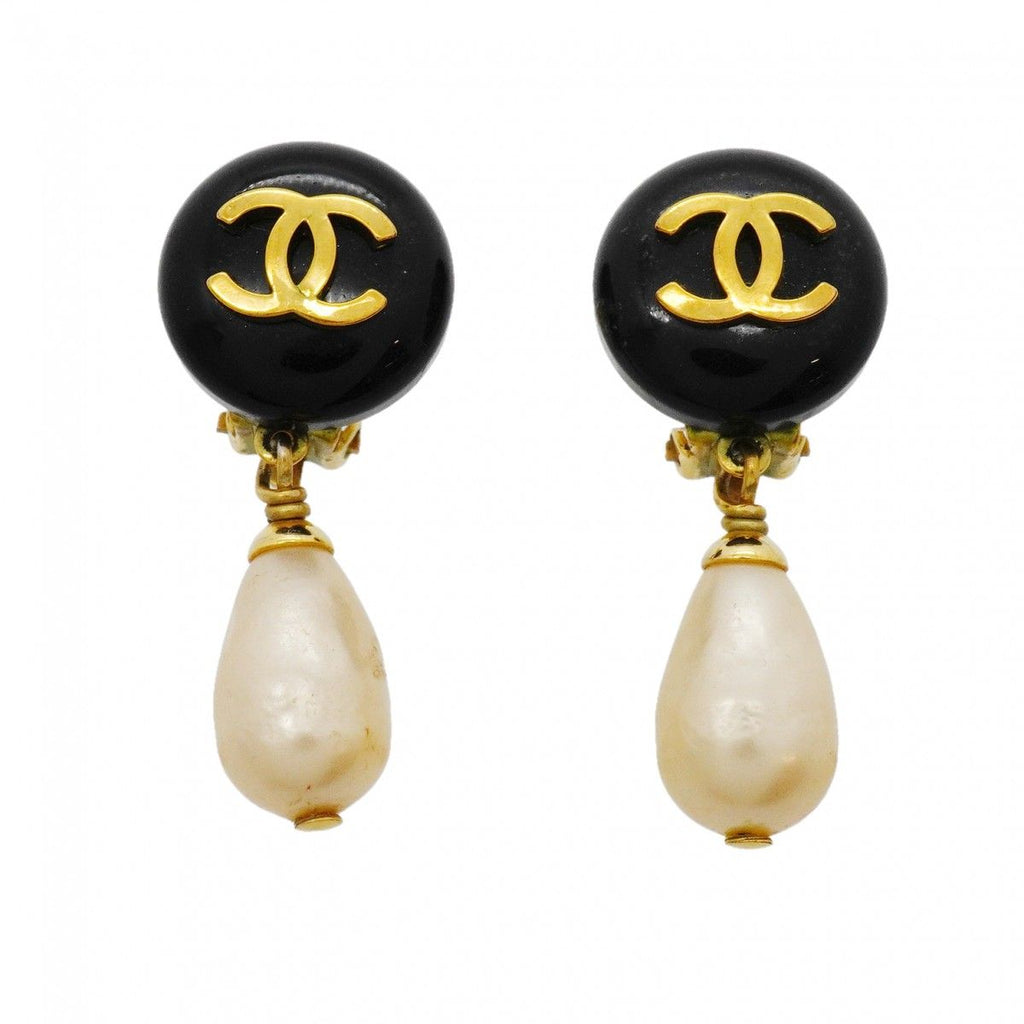 Chanel Earrings Vintage CC Logo Gold Plated Fakepearl Blackcles