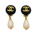 Chanel Earrings Vintage CC Logo Gold Plated Fakepearl Blackcles