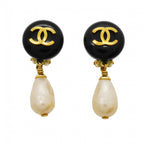 Chanel Earrings Vintage CC Logo Gold Plated Fakepearl Blackcles