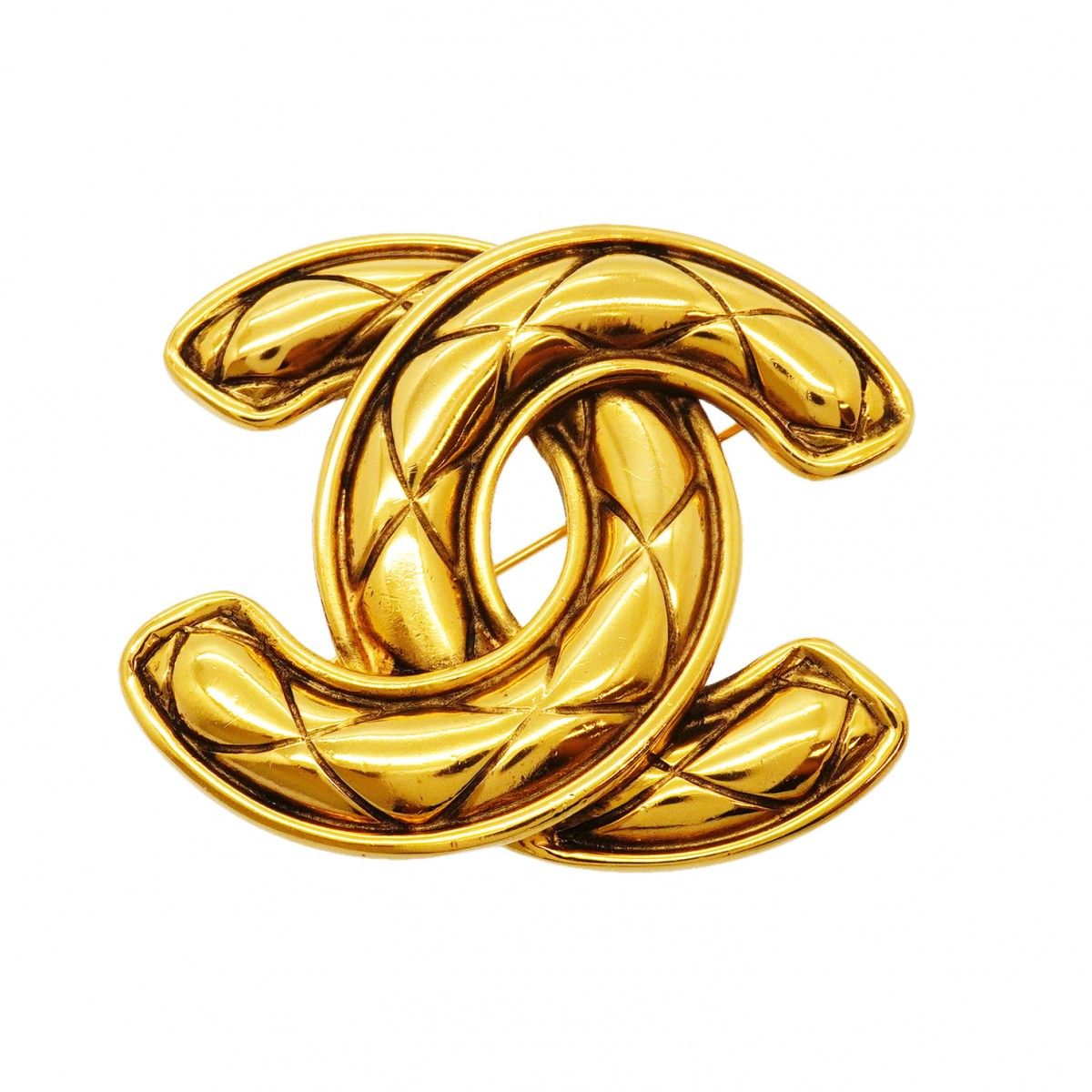 Chanel Vintage CC Logo Quilted Gold Plated Brooch