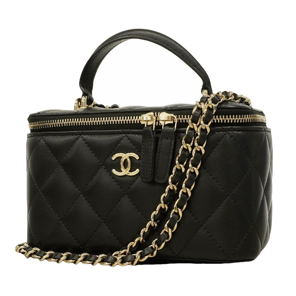 Chanel Vanity Bag Quilted Lambskin Black Chien Panning Gold 2-Way