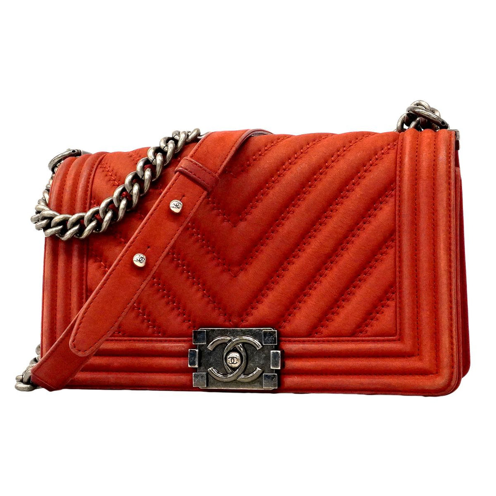 Chanel Shoulder Bag Boy Stitch Leather Red Silver
