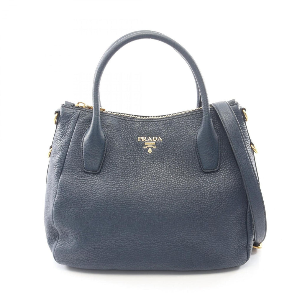 Prada Tote Vitello Daino 2-Way Navy Leather Metal Logo