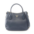 Prada Tote Vitello Daino 2-Way Navy Leather Metal Logo
