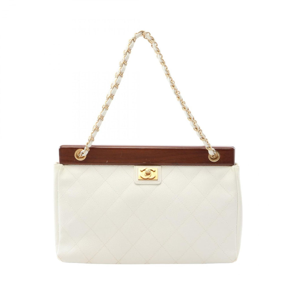 Chanel Handbag Quilted White Brown Caviar Leather Chain
