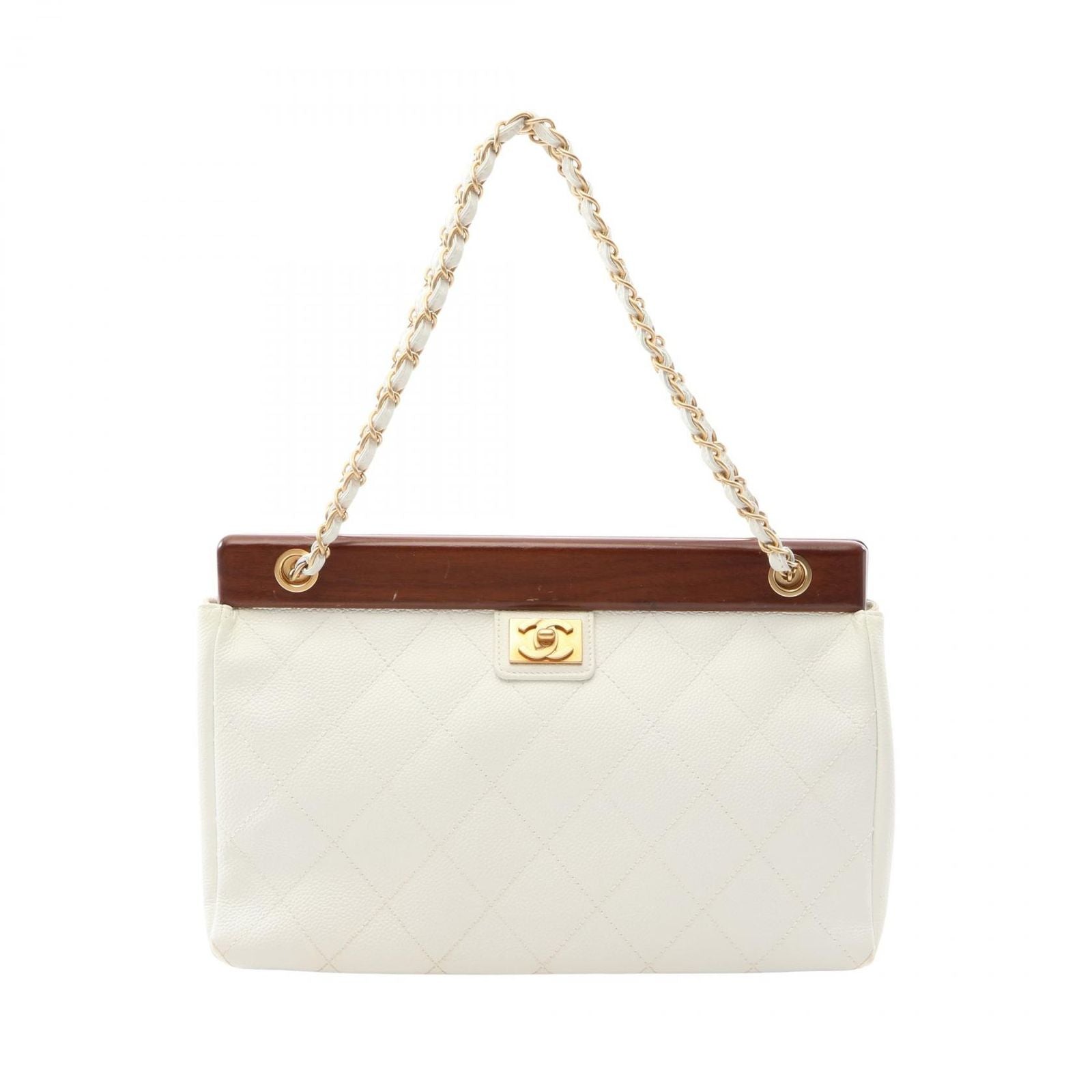 Chanel Handbag Quilted White Brown Caviar Leather Chain