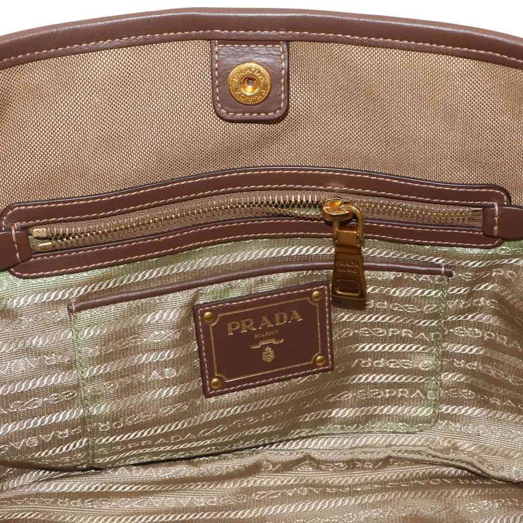 Prada Logo Jacquard Ribbon 2-Way Bag Canvas Leather Beige Brown — view 8
