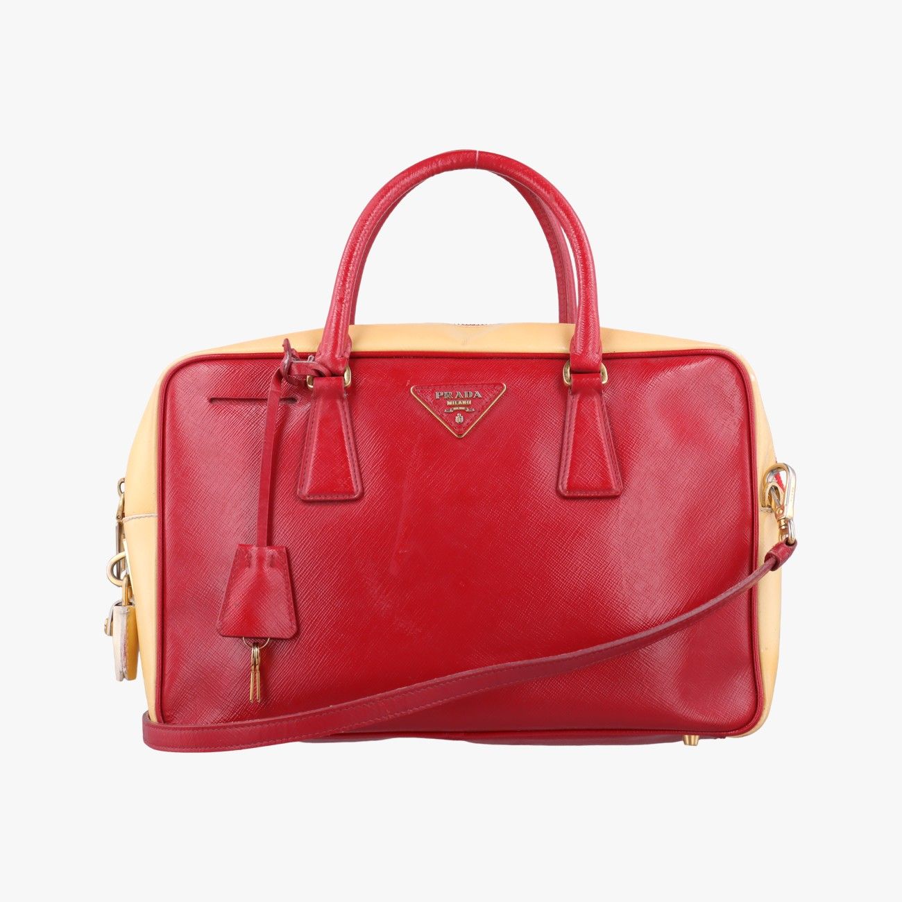 Prada Triangle Logo Red Yellow Patent 7 Shoulder
