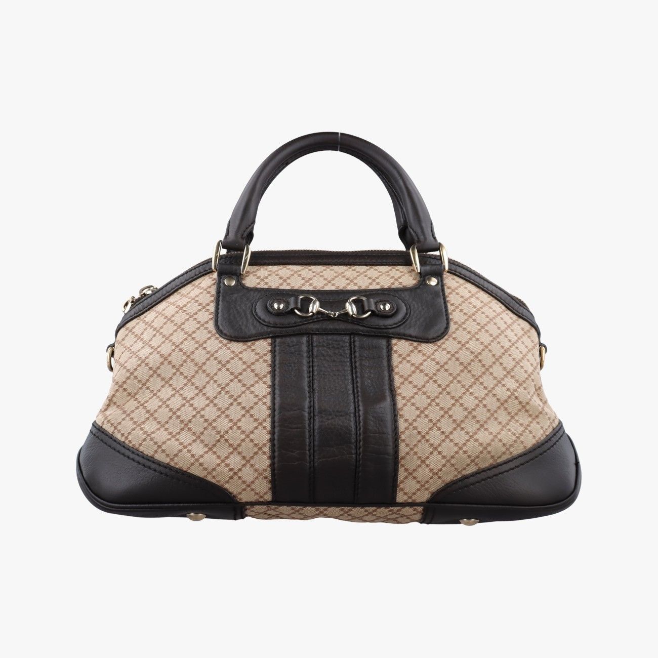 Gucci Horsebit Diamante Beige Dark Brown Canvas Leather Handbag