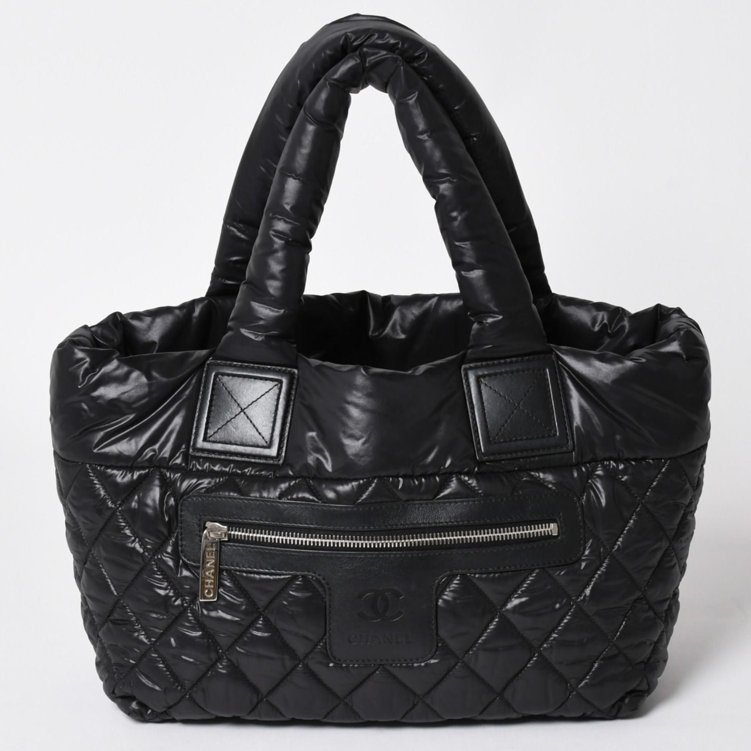 Chanel Coco Cocoon Small Tote Handbag CC Logo Black Silver