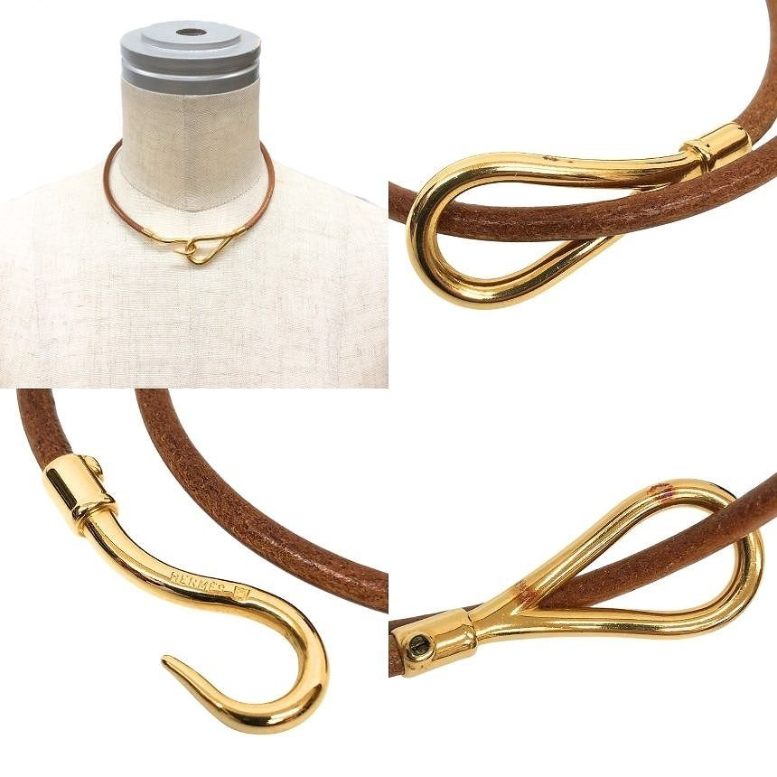 Hermes Jumbo Choker Double Strand Bracelet Leather Brown Gold — view 3