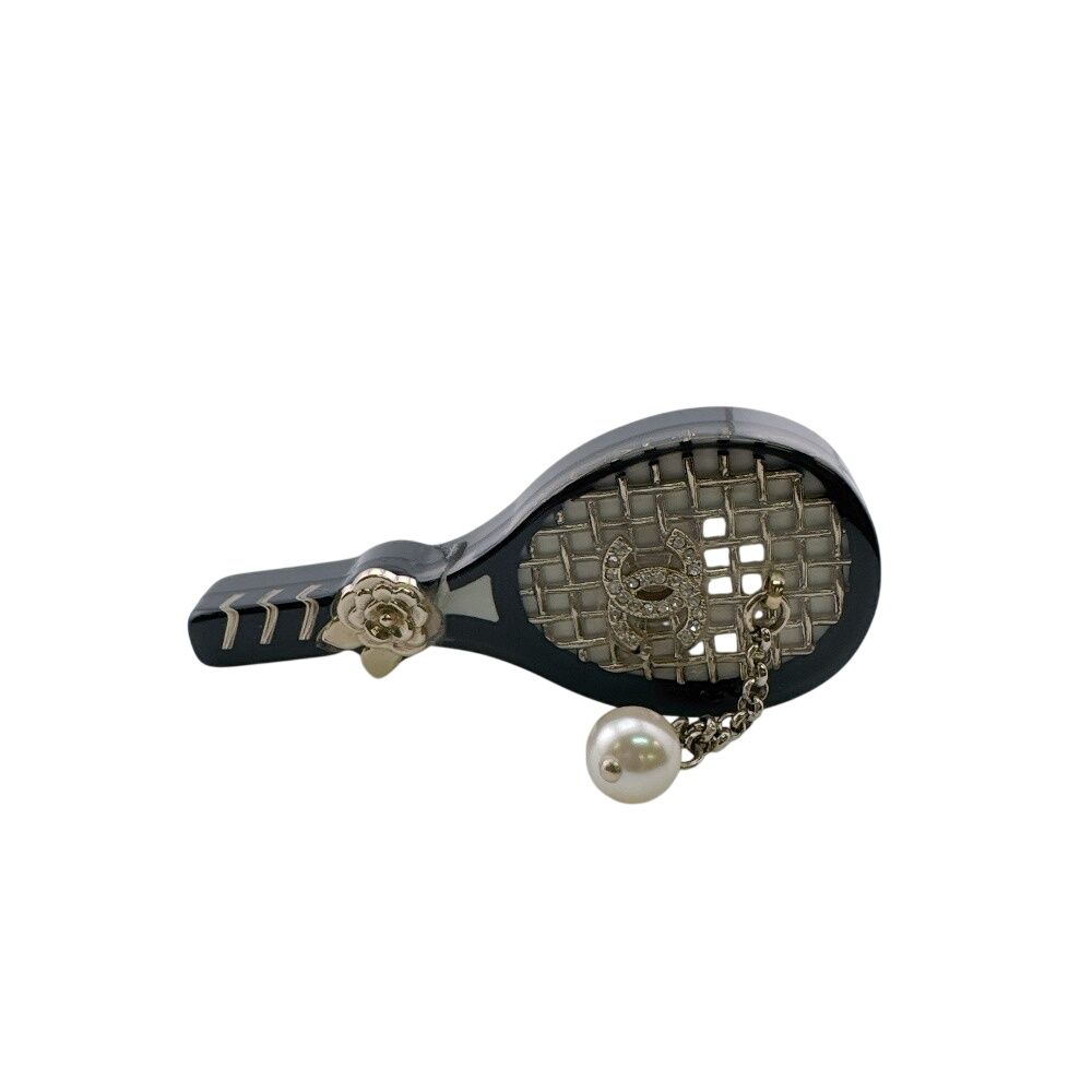 Chanel Tennis Racket Camellia CC Logo Pearl Quilted Charm Brooch — view 5