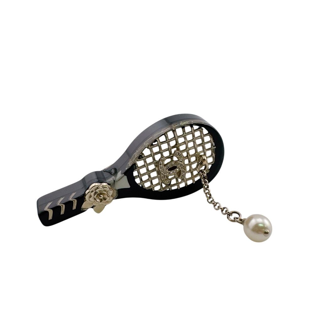 Chanel Tennis Racket Camellia CC Logo Pearl Quilted Charm Brooch