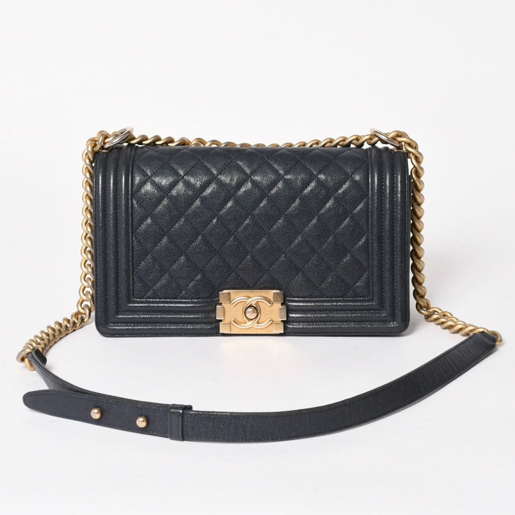 Chanel Boy Chain Shoulder Bag Caviar Askin CC Logo Navy Gold