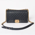 Chanel Boy Chain Shoulder Bag Caviar Askin CC Logo Navy Gold