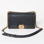 Chanel Boy Chain Shoulder Bag Caviar Askin CC Logo Navy Gold