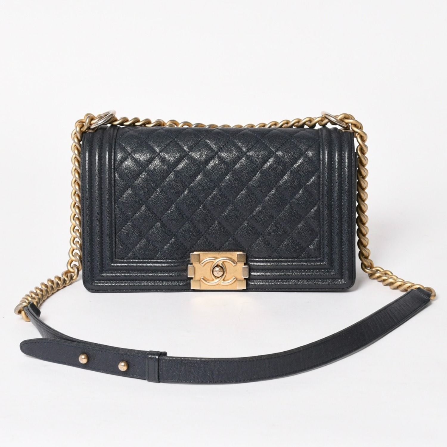 Chanel Boy Chain Shoulder Bag Caviar Askin CC Logo Navy Gold