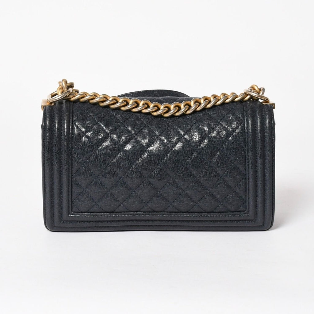 Chanel Boy Chain Shoulder Bag Caviar Askin CC Logo Navy Gold — view 2