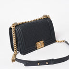 Chanel Boy Chain Shoulder Bag Caviar Askin CC Logo Navy Gold — view 3