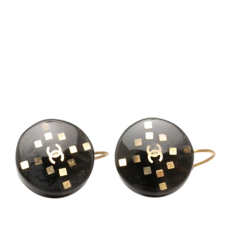 Chanel CC Logo Round Earrings 01 Gold Black Plated Plastic