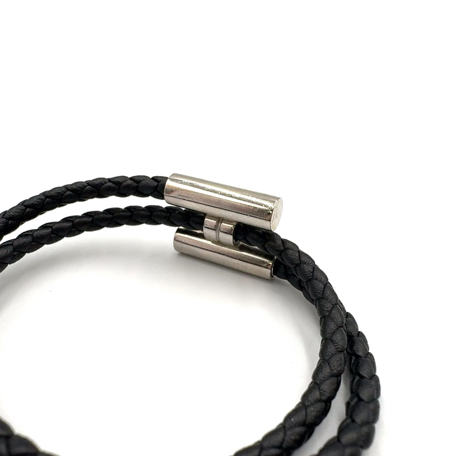 Hermes Tresse Leather Metal Silver Black Bracelet — view 4