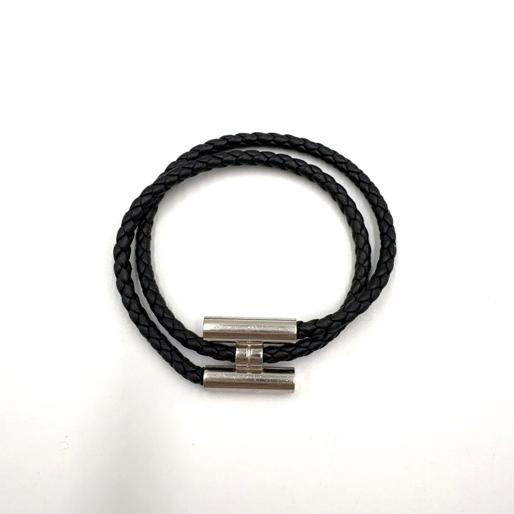Hermes Tresse Leather Metal Silver Black Bracelet — view 3