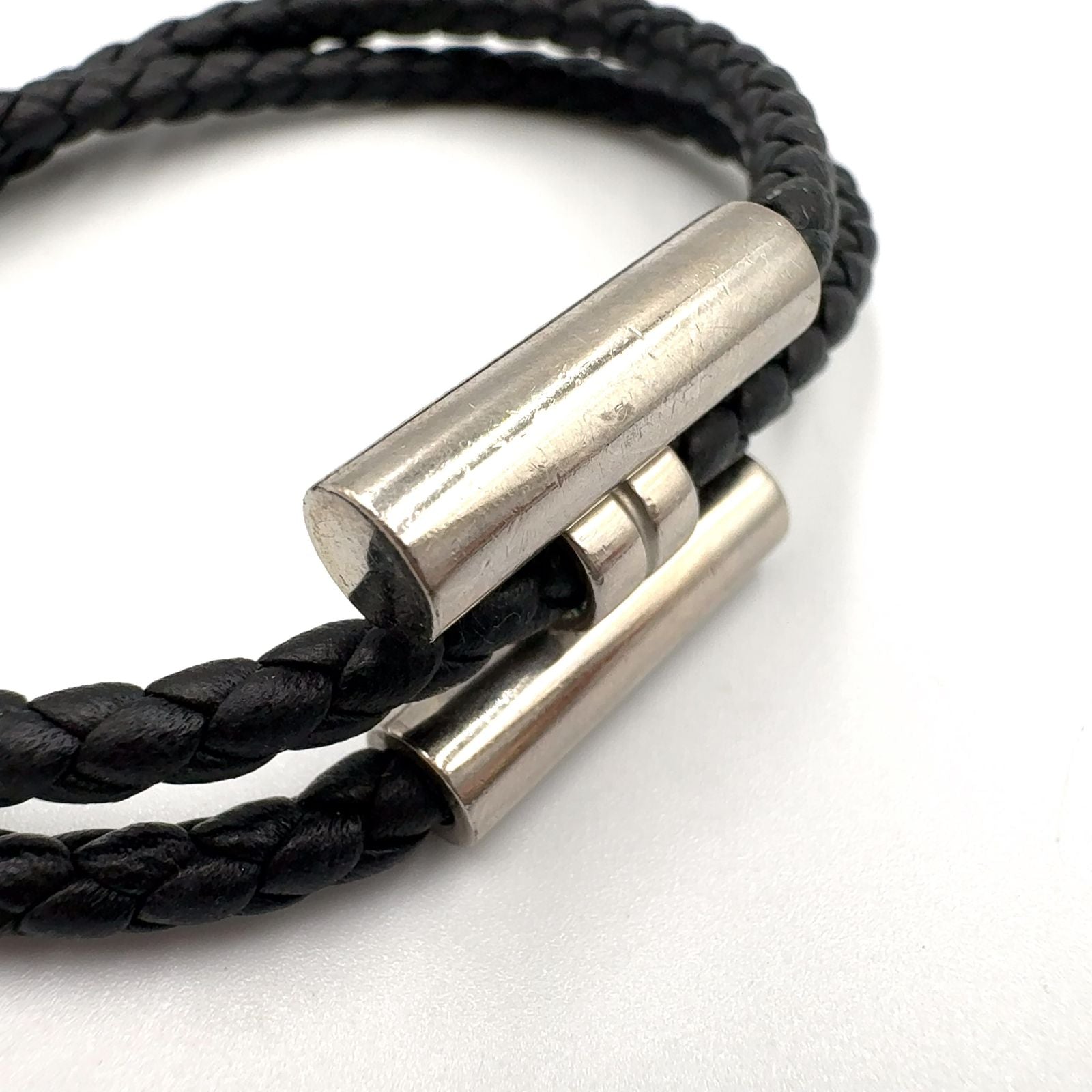 Hermes Tresse Leather Metal Silver Black Bracelet — view 6