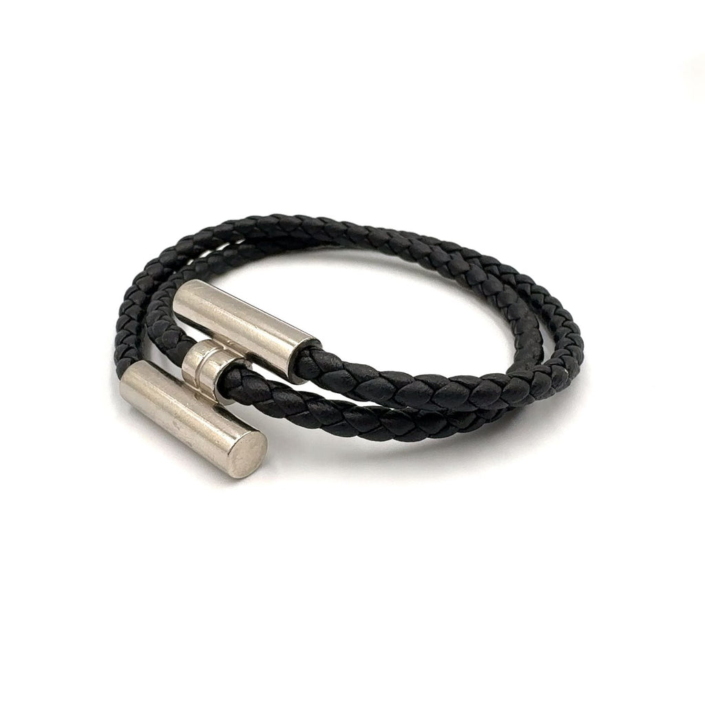 Hermes Tresse Leather Metal Silver Black Bracelet — view 2