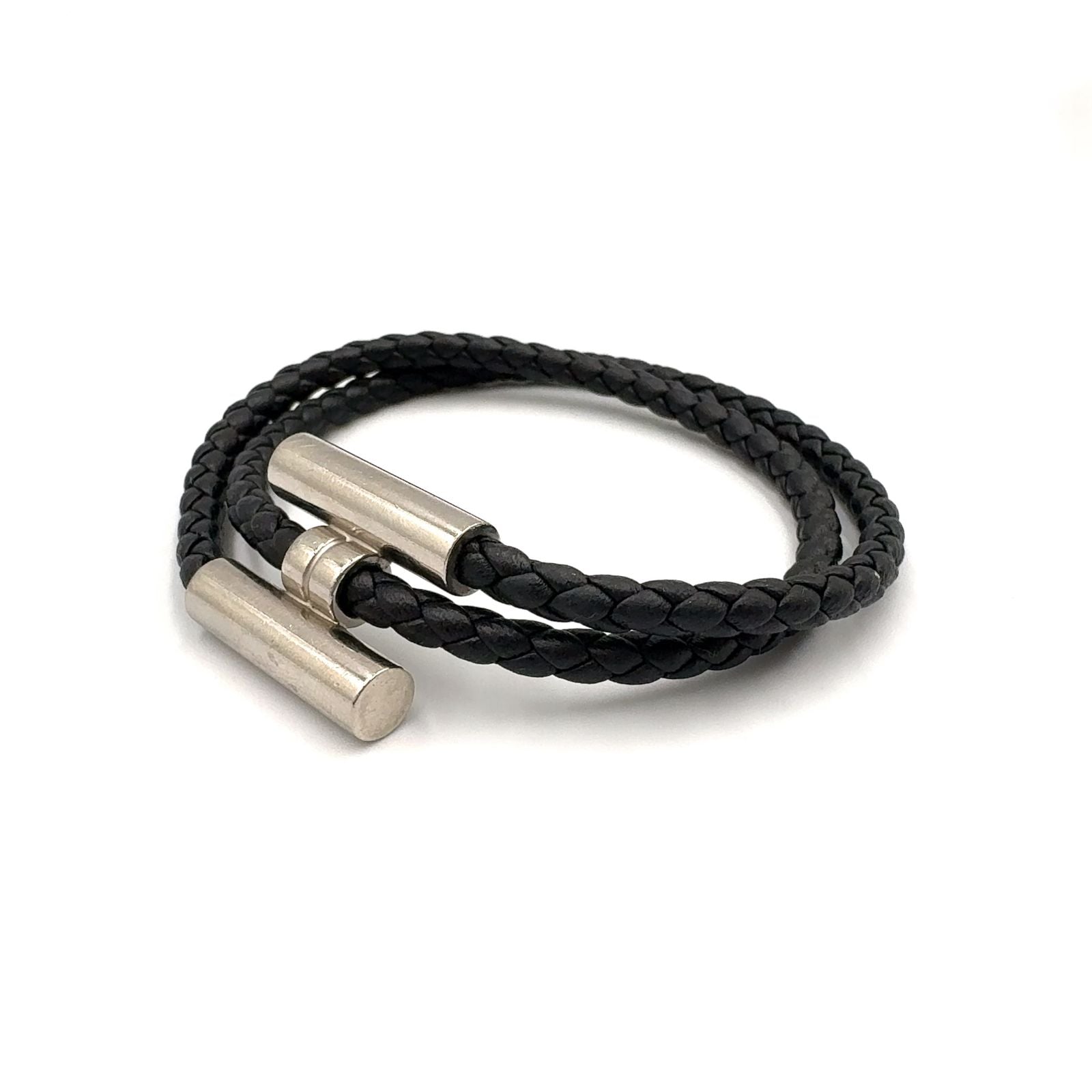 Hermes Tresse Leather Metal Silver Black Bracelet — view 2