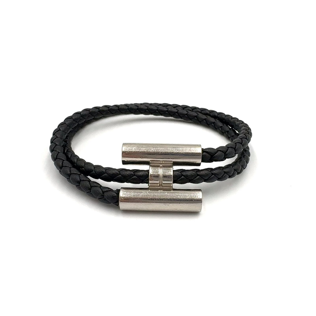 Hermes Tresse Leather Metal Silver Black Bracelet