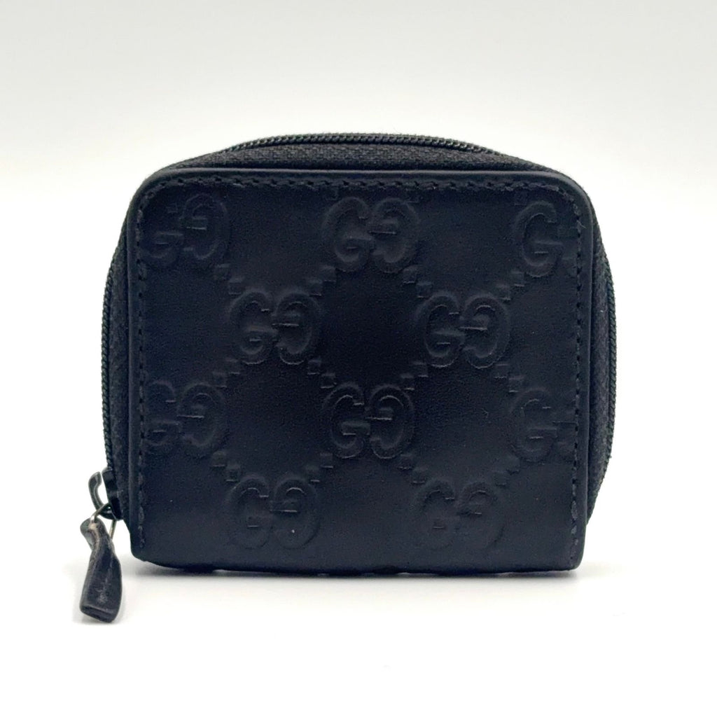 Gucci GG Coin Case Leather Black Wallet Silver