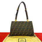 Fendi Vintage Zucca FF Logo Canvas Leather Shoulder Bag Brown