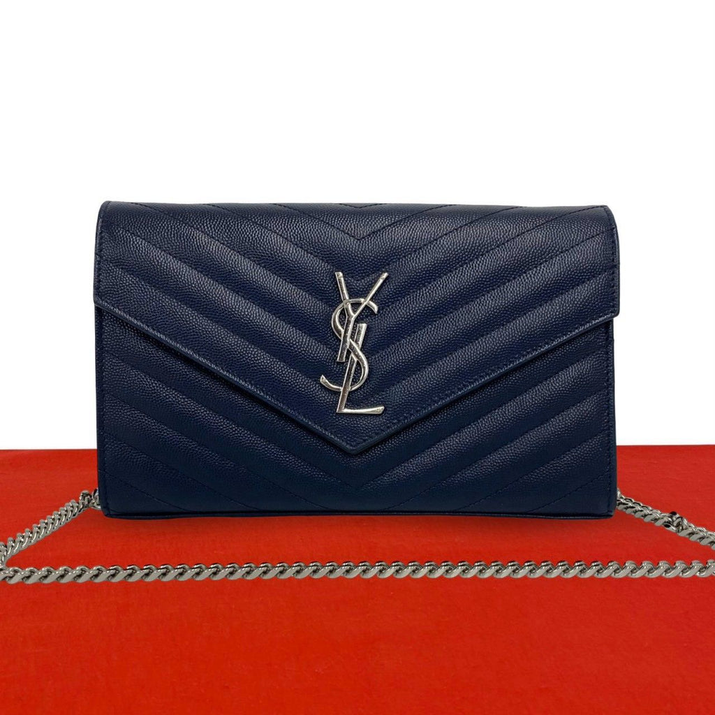 Saint Laurent Paris YSL Cassandra Logo Leather Chain Shoulder Bag Navy