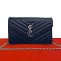 Saint Laurent Paris YSL Cassandra Logo Leather Chain Shoulder Bag Navy