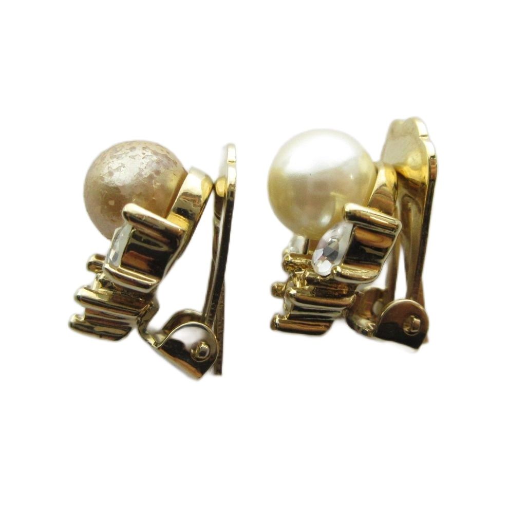 Dior Earrings Clip on Faux Pearl Rhinestone Gold — view 2