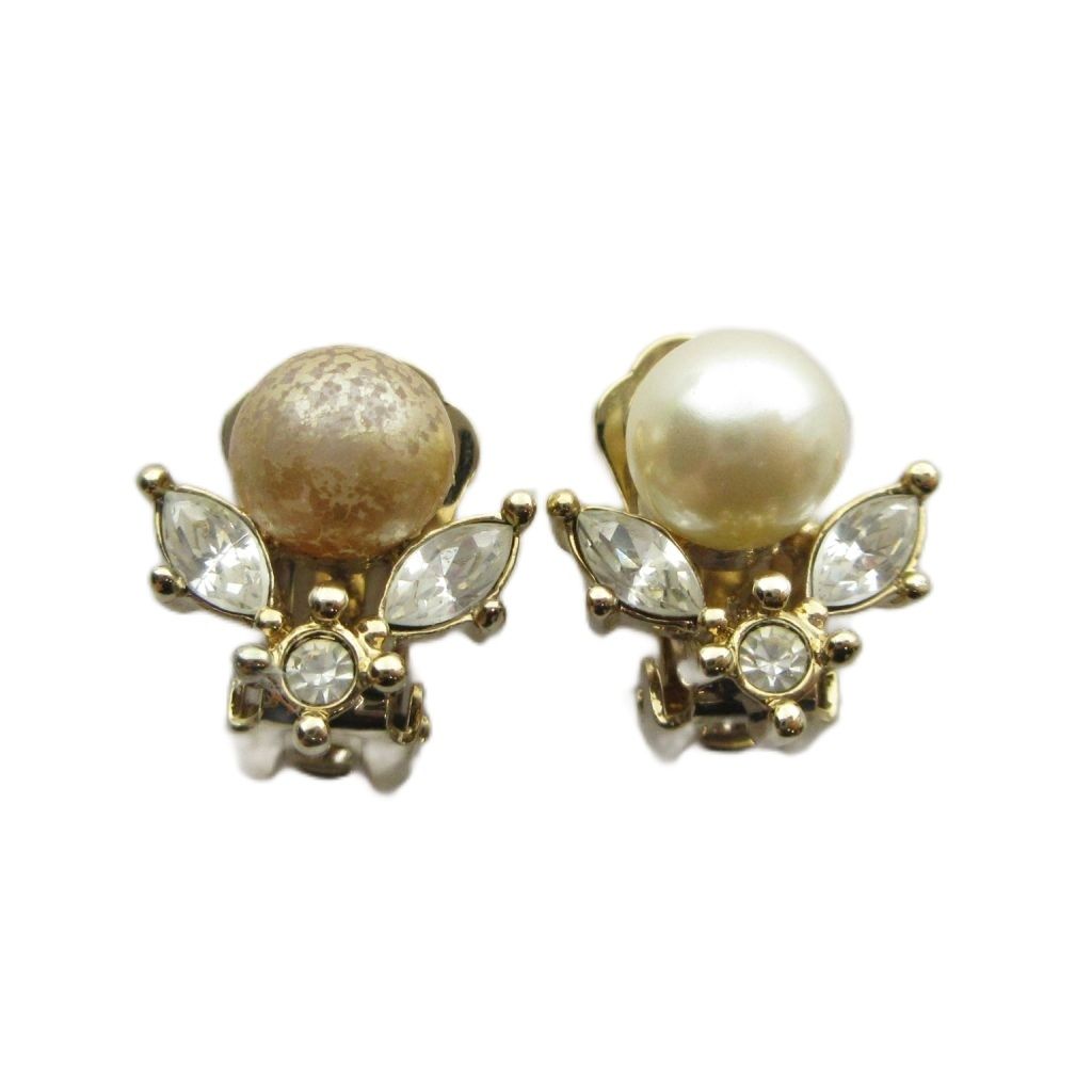 Dior Earrings Clip on Faux Pearl Rhinestone Gold