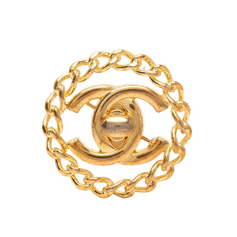 Chanel CC Logo Turnlock Chain Motif Vintage Brooch Gold Plated
