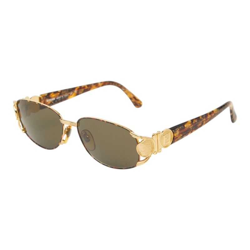 Fendi FF Logo Coin Motif Eyewear Sunglasses 034 Brown Gold Acetate Plated