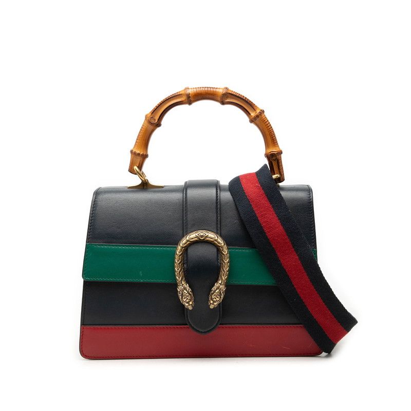 Gucci Bamboo Dionysus 2-Way Shoulder Bag Navy Green Red Leather