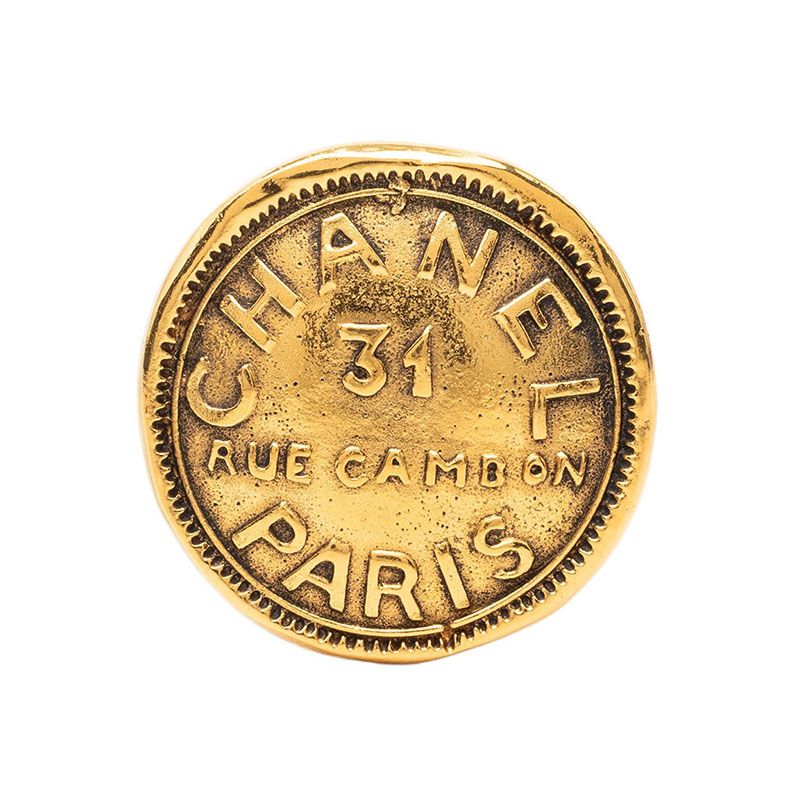 Chanel 31 Rue Cambon Logo Round Brooch Gold Plated
