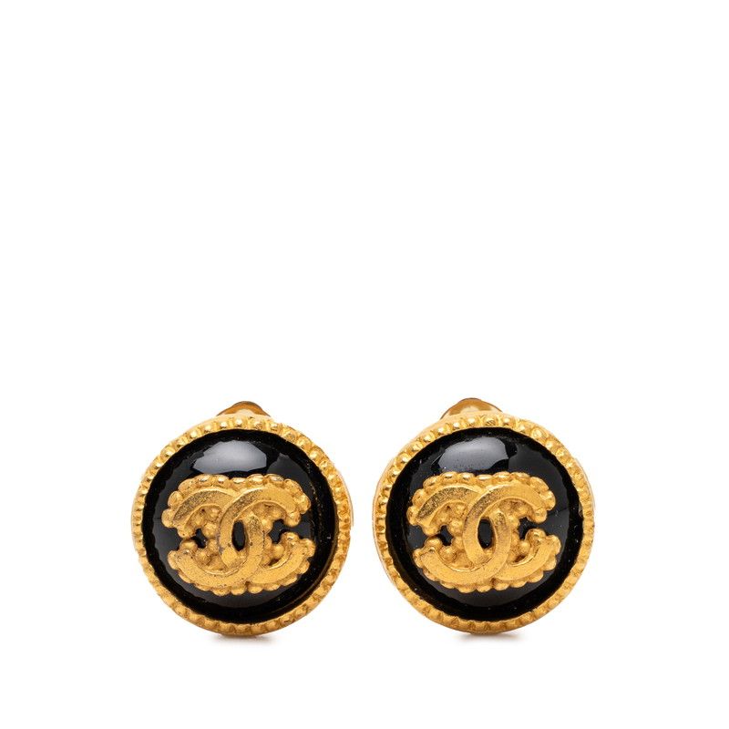Chanel Vintage CC Logo Earrings Gold Black Plated