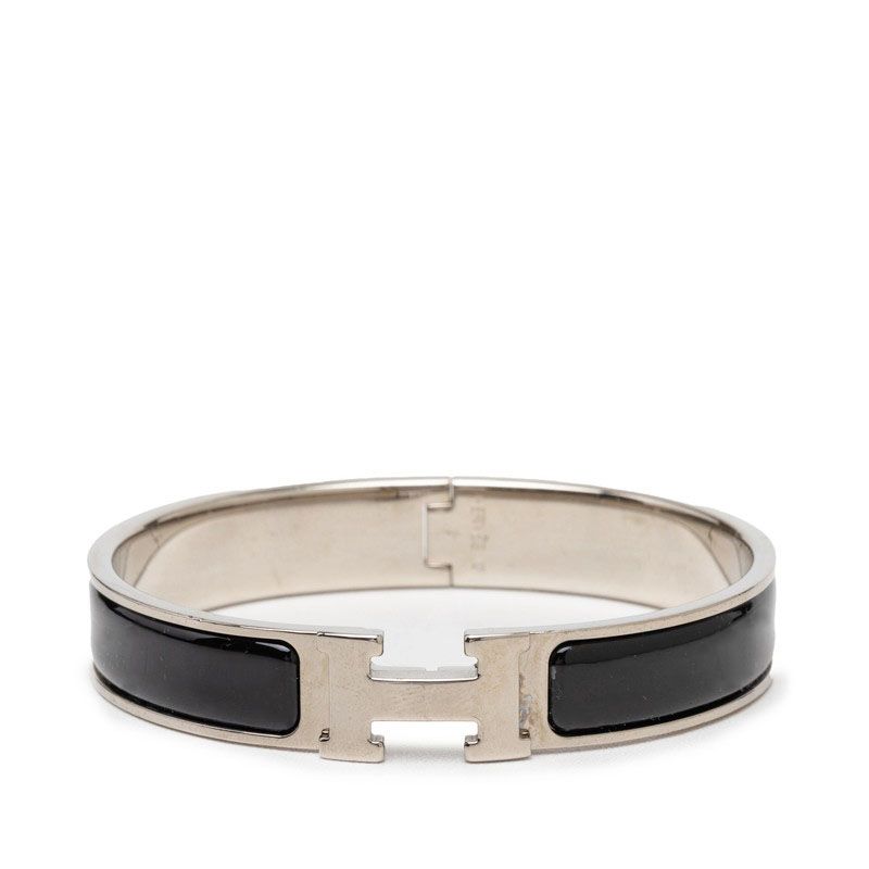 Hermes Click GM Bracelet Bangle Silver Black Metal Enamel