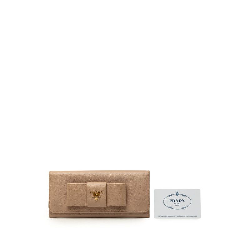 Prada Logo Ribbon Bifold Wallet Beige Saffiano Leather — view 7