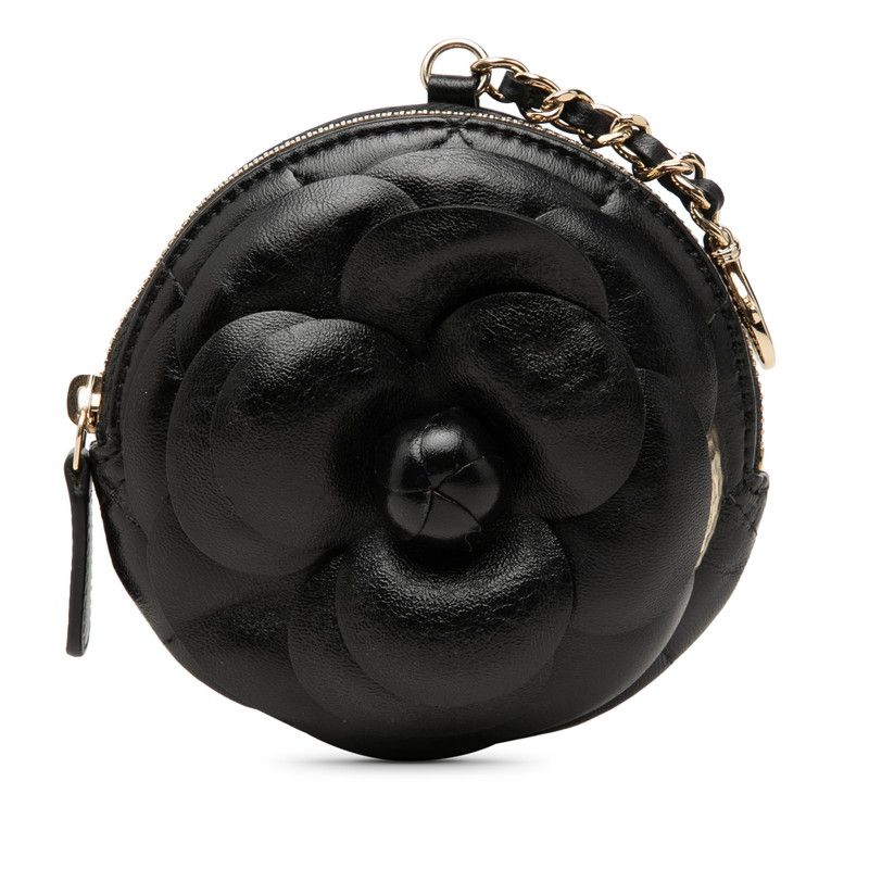 Chanel Camellia Quilted Coin Purse Black Lambskin