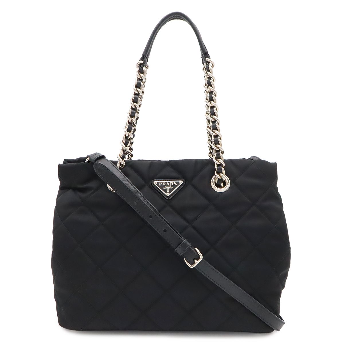 Prada Tessuto Triangle Logo Chain Shoulder Bag 2-Way Quilted Nylon Nero Black