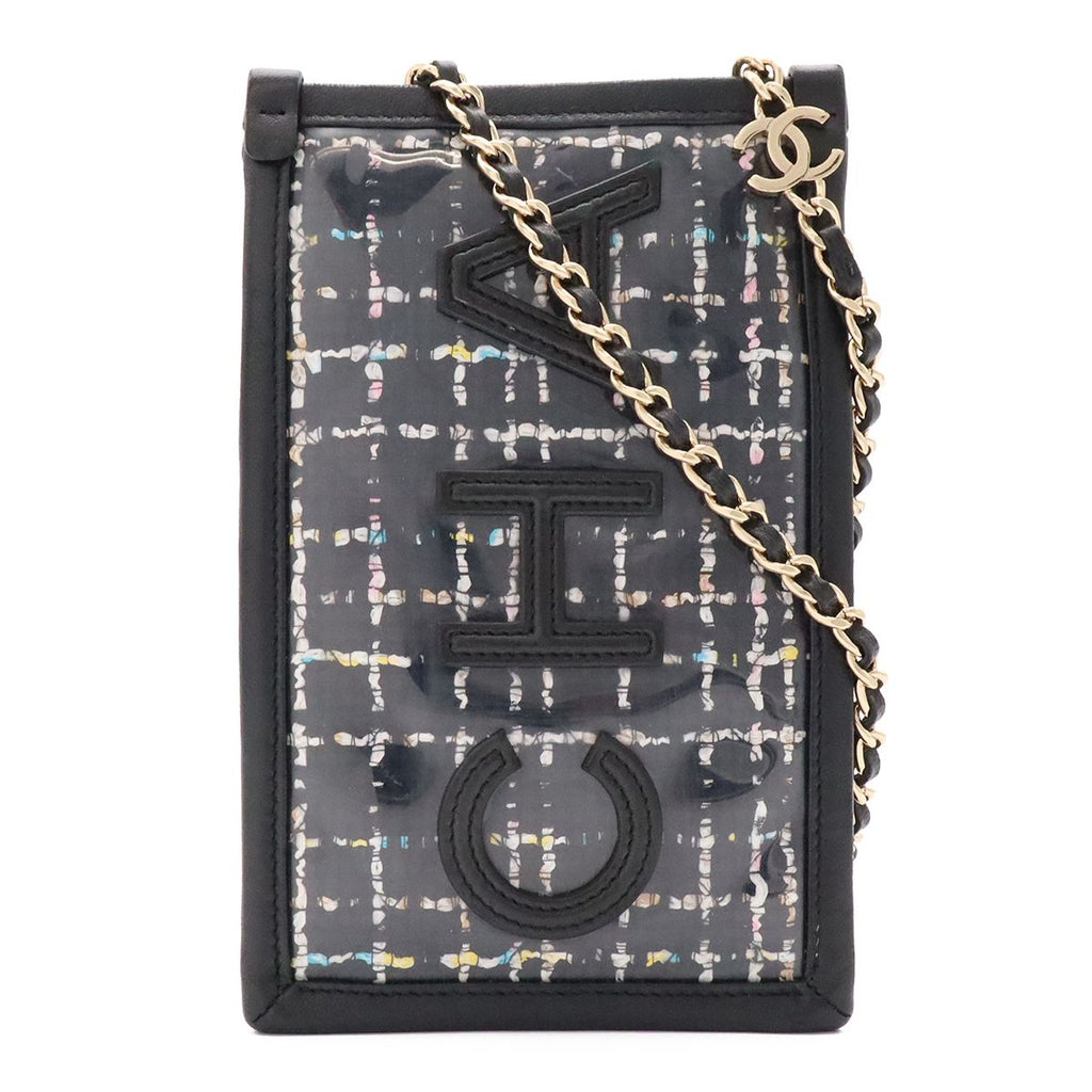 Chanel Logo Tweed Chain Shoulder Pouch Pochette Vinyl Leather Clear Black Gold